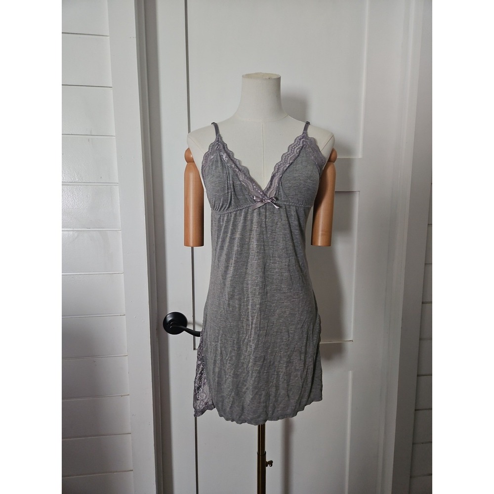 Avidlove Grey Chemise Nightgown Lace Trim Mini Dress Side Slits Size M